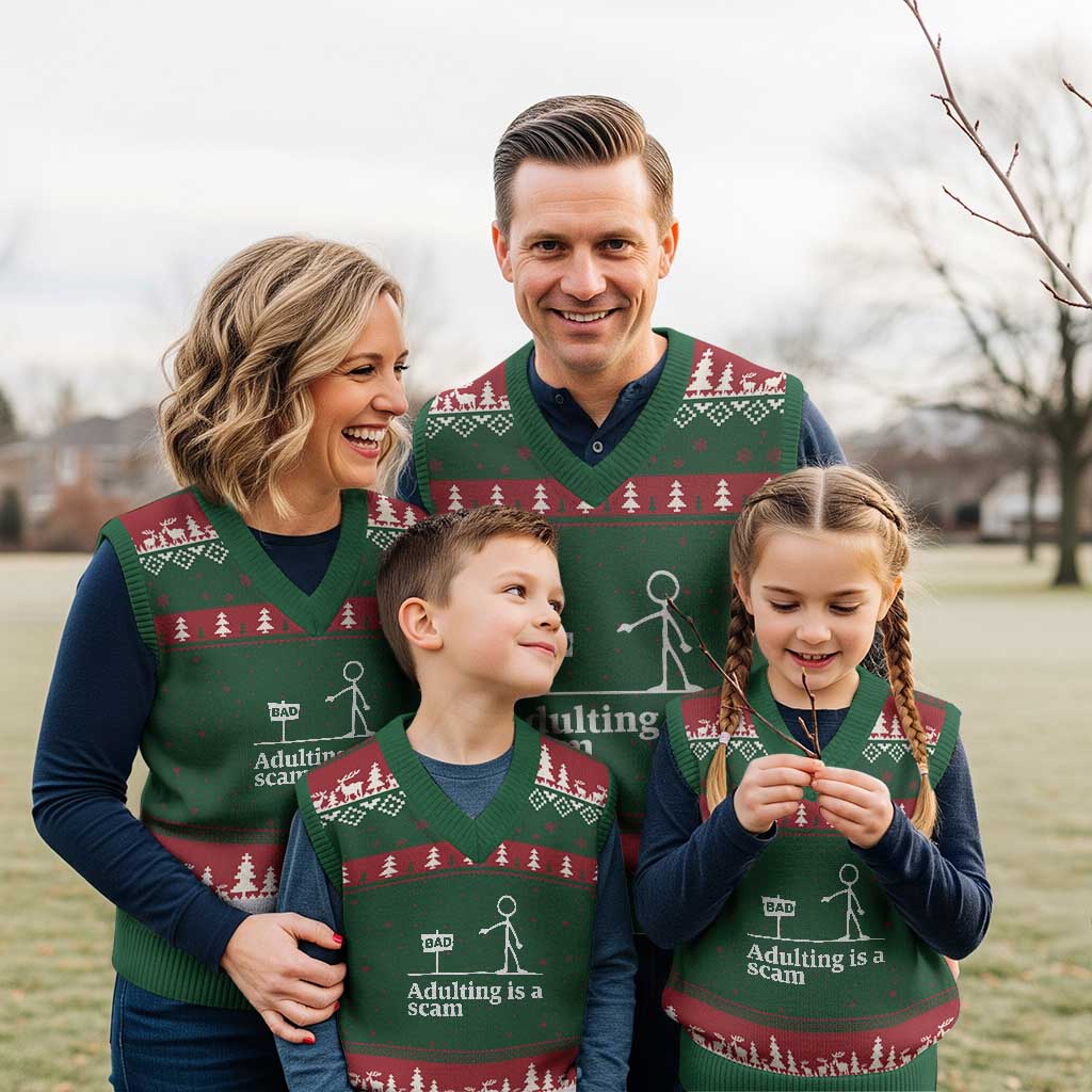 Adulting Is A Scam V-Neck Knit Sweater Vest Funny Quote Adult Humor - Print Your Wear