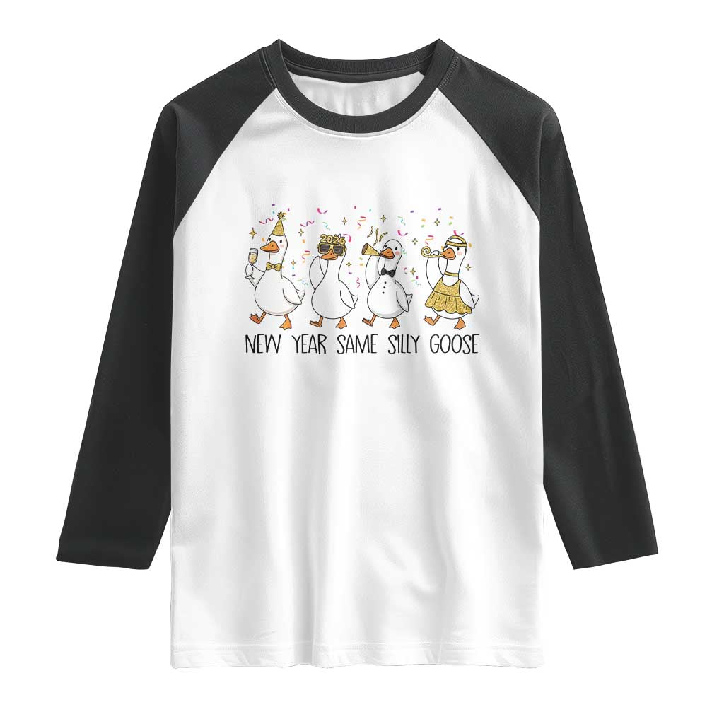 Silly Goose New Years 2026 Raglan Shirt Cute Goose Party Holiday TS14 White Black Print Your Wear