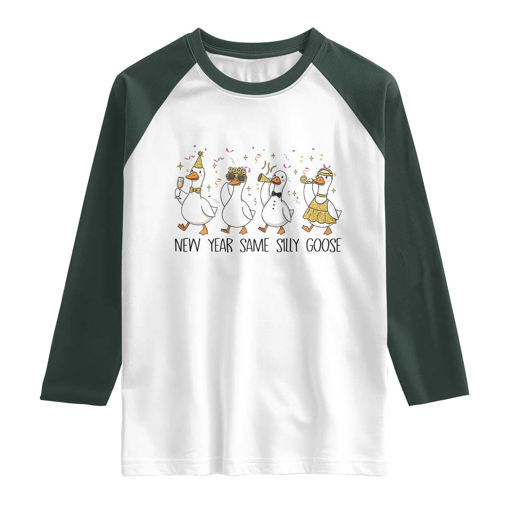 Silly Goose New Years 2026 Raglan Shirt Cute Goose Party Holiday TS14 White Dark Forest Green Print Your Wear