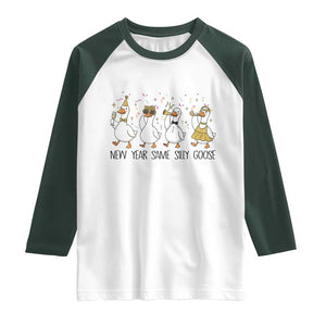Silly Goose New Years 2026 Raglan Shirt Cute Goose Party Holiday TS14 White Dark Forest Green Print Your Wear