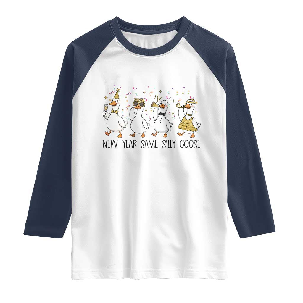 Silly Goose New Years 2026 Raglan Shirt Cute Goose Party Holiday TS14 White Navy Print Your Wear