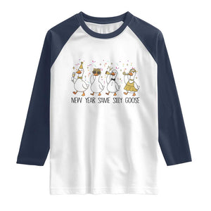 Silly Goose New Years 2026 Raglan Shirt Cute Goose Party Holiday TS14 White Navy Print Your Wear