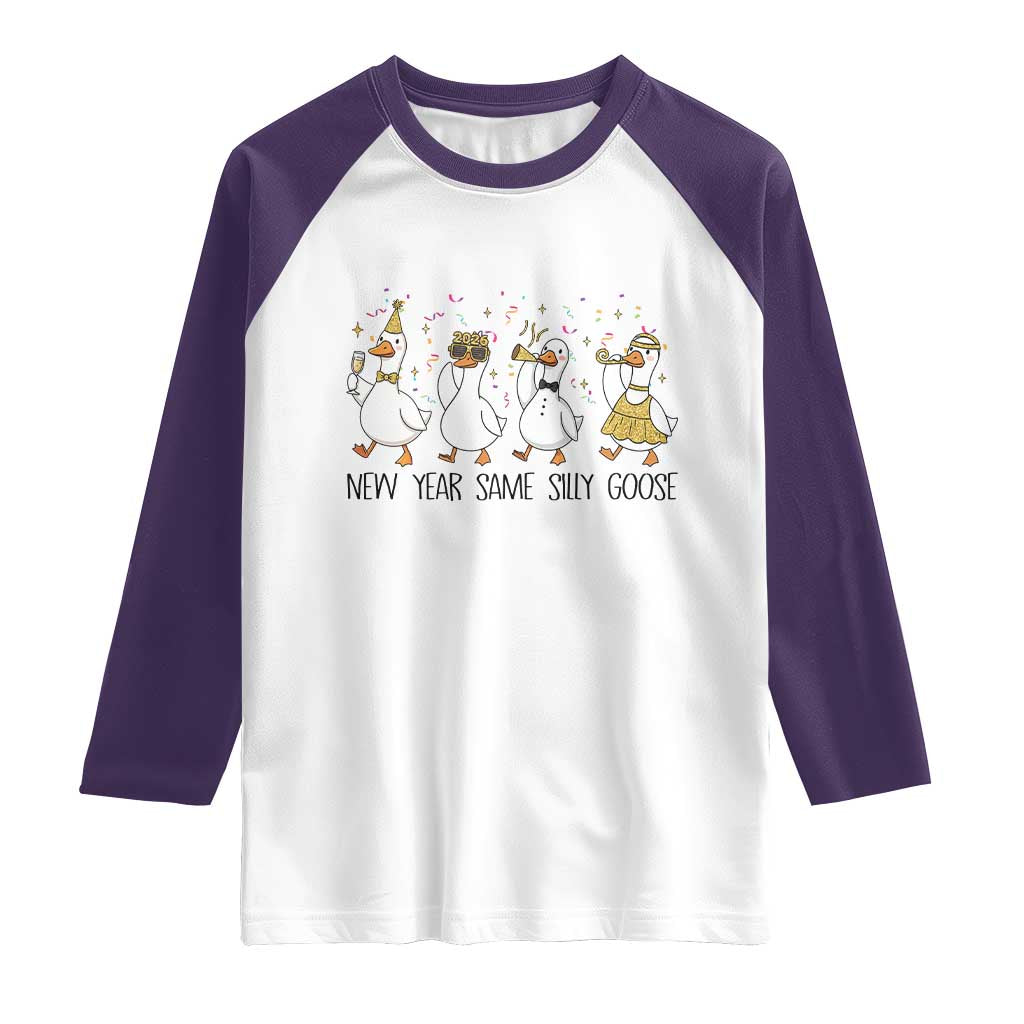 Silly Goose New Years 2026 Raglan Shirt Cute Goose Party Holiday TS14 White Purple Print Your Wear