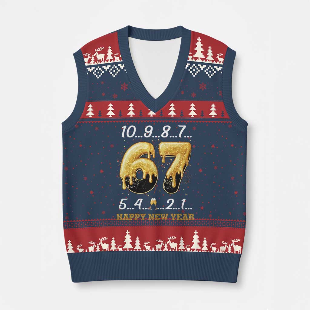 67 Six Seven Meme V-Neck Knit Sweater Vest Happy New Year 2026 TS14 Navy Red Print Your Wear