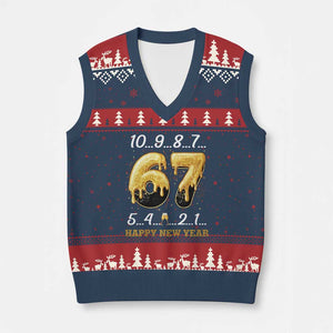 67 Six Seven Meme V-Neck Knit Sweater Vest Happy New Year 2026 TS14 Navy Red Print Your Wear