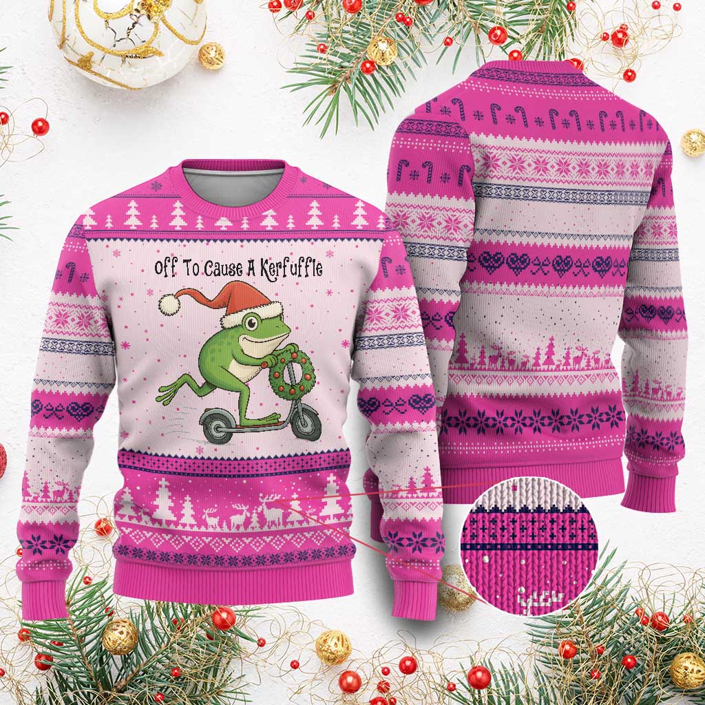 Off To Cause A Kerfuffle Ugly Christmas Sweater Funny Frog Xmas Meme Weirdcore TS14 Hot Pink Print Your Wear
