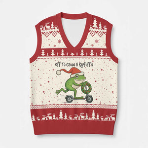 Off To Cause A Kerfuffle V-Neck Knit Sweater Vest Funny Frog Xmas Meme Weirdcore TS14 Beige Red Print Your Wear