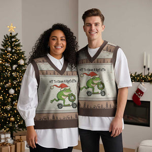 Off To Cause A Kerfuffle V-Neck Knit Sweater Vest Funny Frog Xmas Meme Weirdcore TS14 Mocha Mousse Print Your Wear