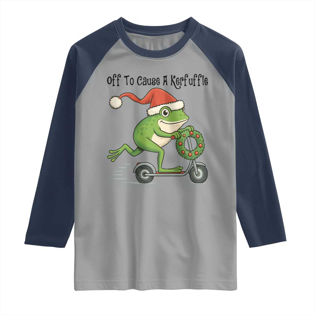 Off To Cause A Kerfuffle Raglan Shirt Funny Frog Christmas Meme Weirdcore TS14 Sport Gray Navy Print Your Wear