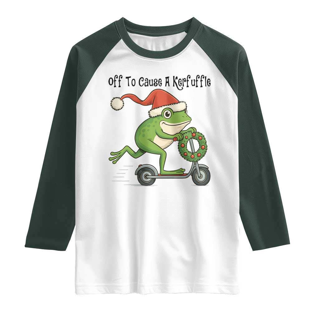 Off To Cause A Kerfuffle Raglan Shirt Funny Frog Christmas Meme Weirdcore TS14 White Dark Forest Green Print Your Wear