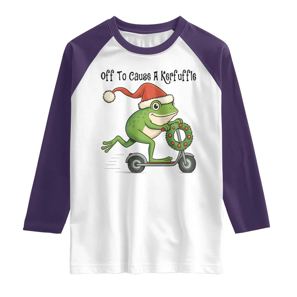 Off To Cause A Kerfuffle Raglan Shirt Funny Frog Christmas Meme Weirdcore TS14 White Purple Print Your Wear