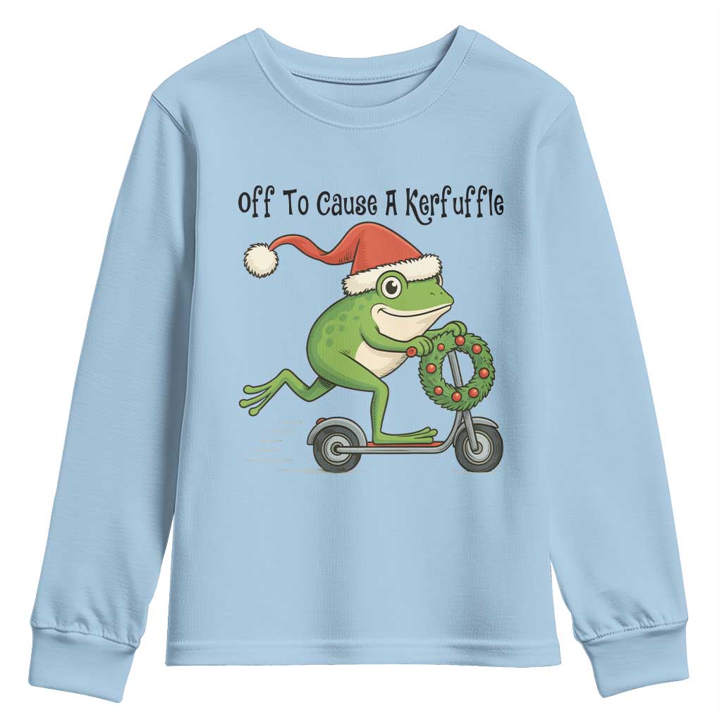 Off To Cause A Kerfuffle Youth Sweatshirt Funny Frog Christmas Meme Weirdcore TS14 Light Blue Print Your Wear