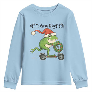 Off To Cause A Kerfuffle Youth Sweatshirt Funny Frog Christmas Meme Weirdcore TS14 Light Blue Print Your Wear
