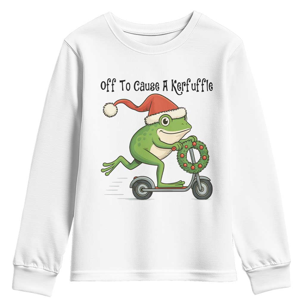 Off To Cause A Kerfuffle Youth Sweatshirt Funny Frog Christmas Meme Weirdcore TS14 White Print Your Wear