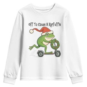Off To Cause A Kerfuffle Youth Sweatshirt Funny Frog Christmas Meme Weirdcore TS14 White Print Your Wear
