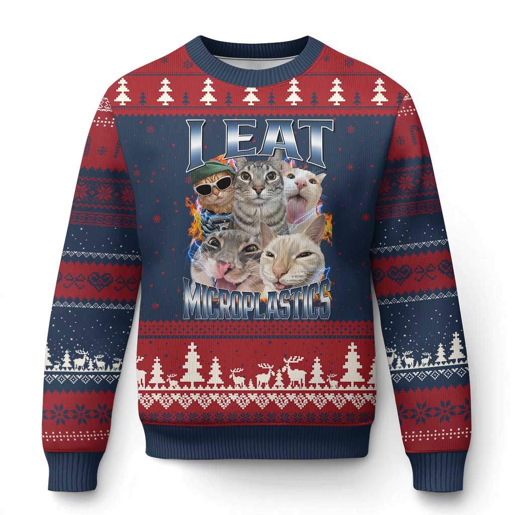 Funny Cat Meme Ugly Christmas Sweater I Eat Microplastics TS14 Navy Red Print Your Wear