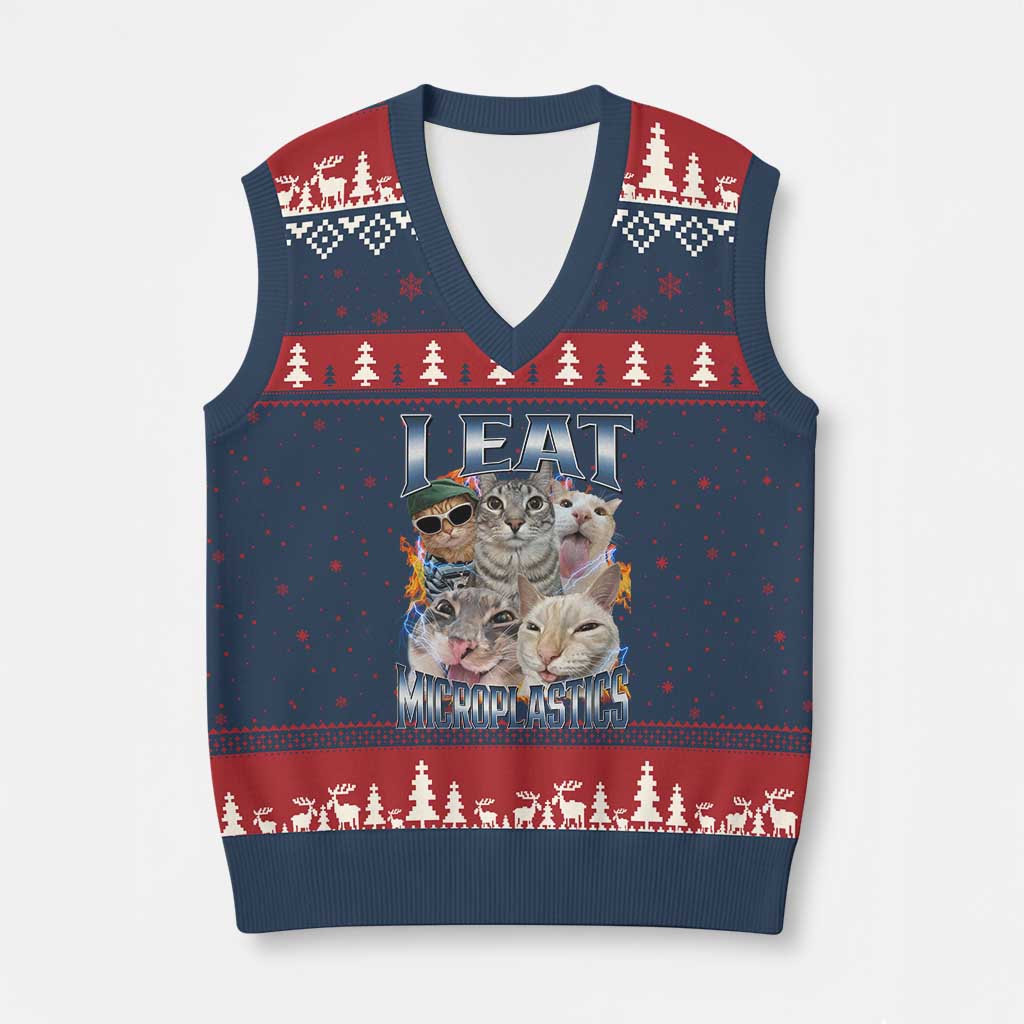 Funny Cat Meme V-Neck Knit Sweater Vest I Eat Microplastics TS14 Navy Red Print Your Wear