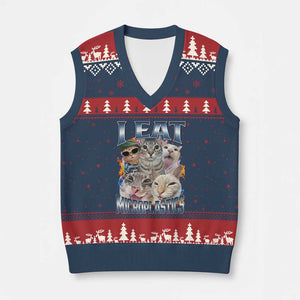 Funny Cat Meme V-Neck Knit Sweater Vest I Eat Microplastics TS14 Navy Red Print Your Wear