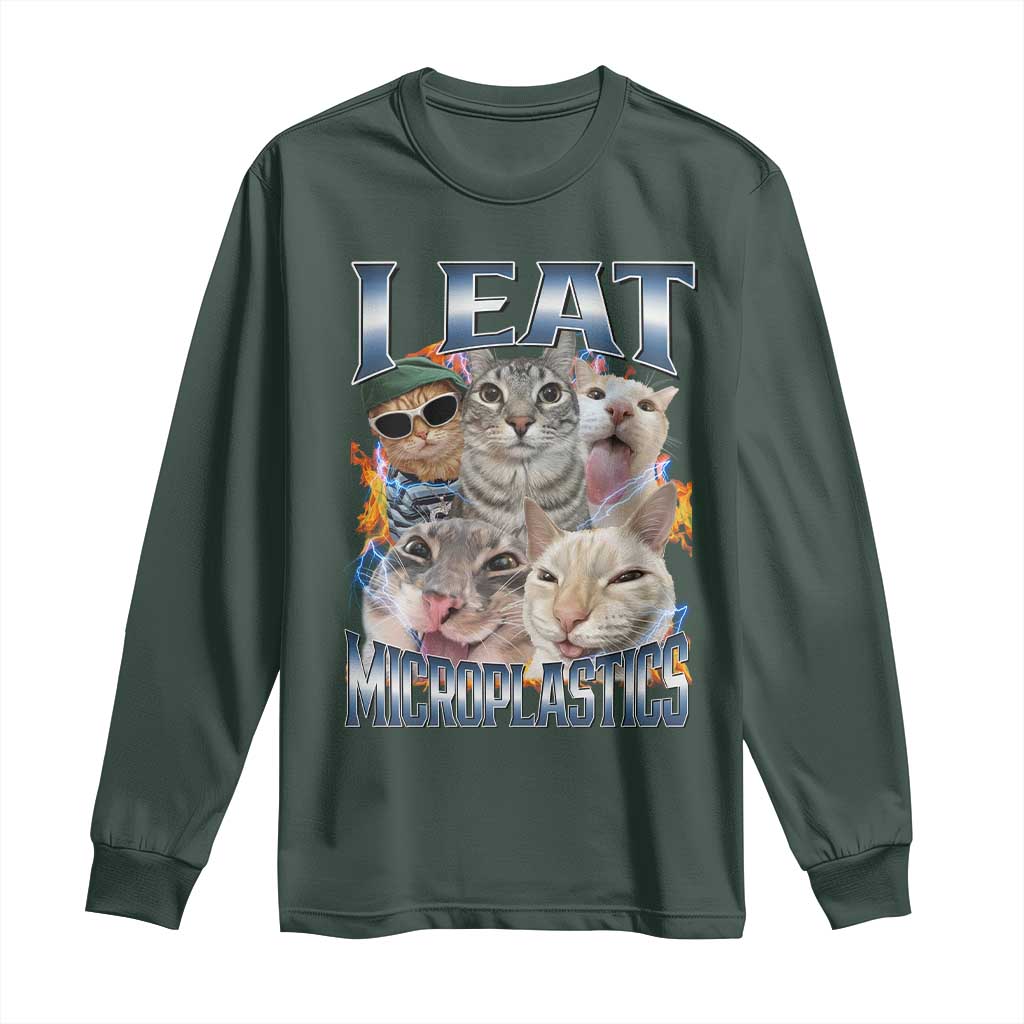 Funny Cat Meme Long Sleeve Shirt I Eat Microplastics TS14 Dark Forest Green Print Your Wear