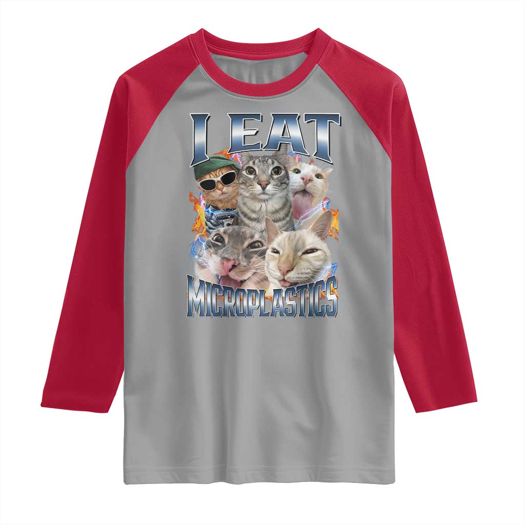 Funny Cat Meme Raglan Shirt I Eat Microplastics TS14 Sport Gray Red Print Your Wear