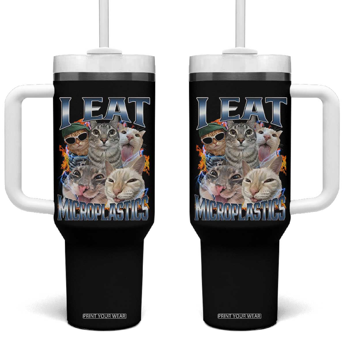 Funny Cat Meme Tumbler With Handle I Eat Microplastics TS14 One Size: 40 oz Black Print Your Wear