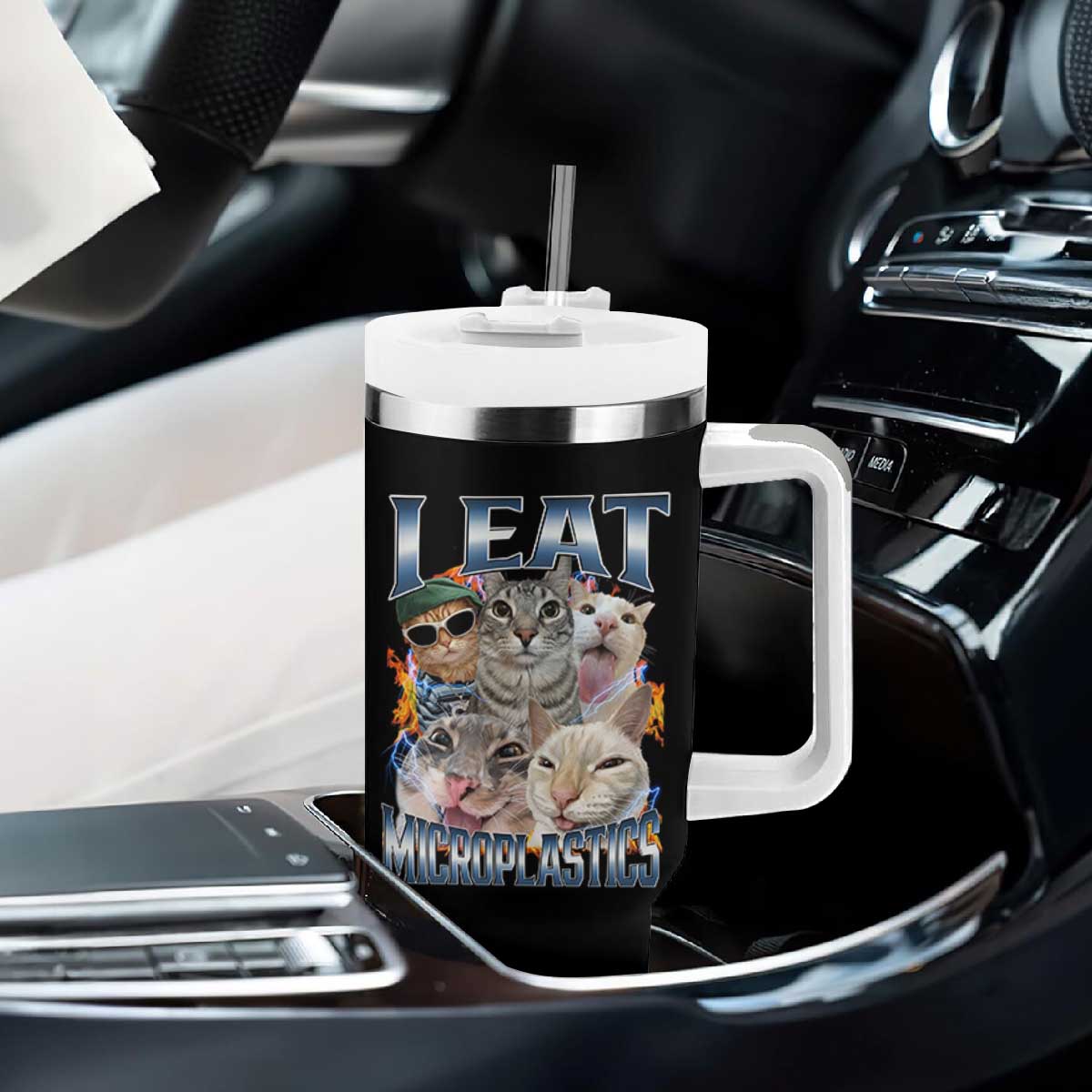 Funny Cat Meme Tumbler With Handle I Eat Microplastics TS14 Print Your Wear