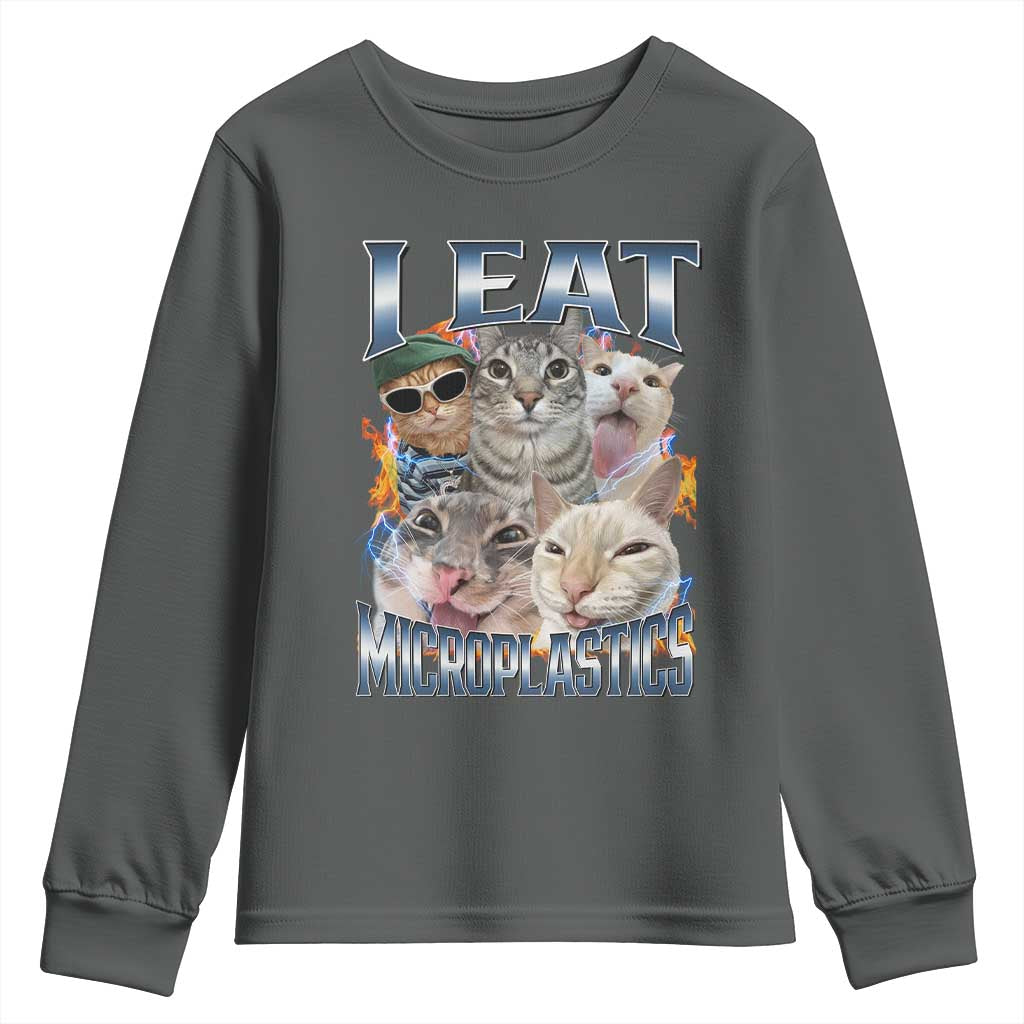 Funny Cat Meme Youth Sweatshirt I Eat Microplastics TS14 Dark Heather Print Your Wear