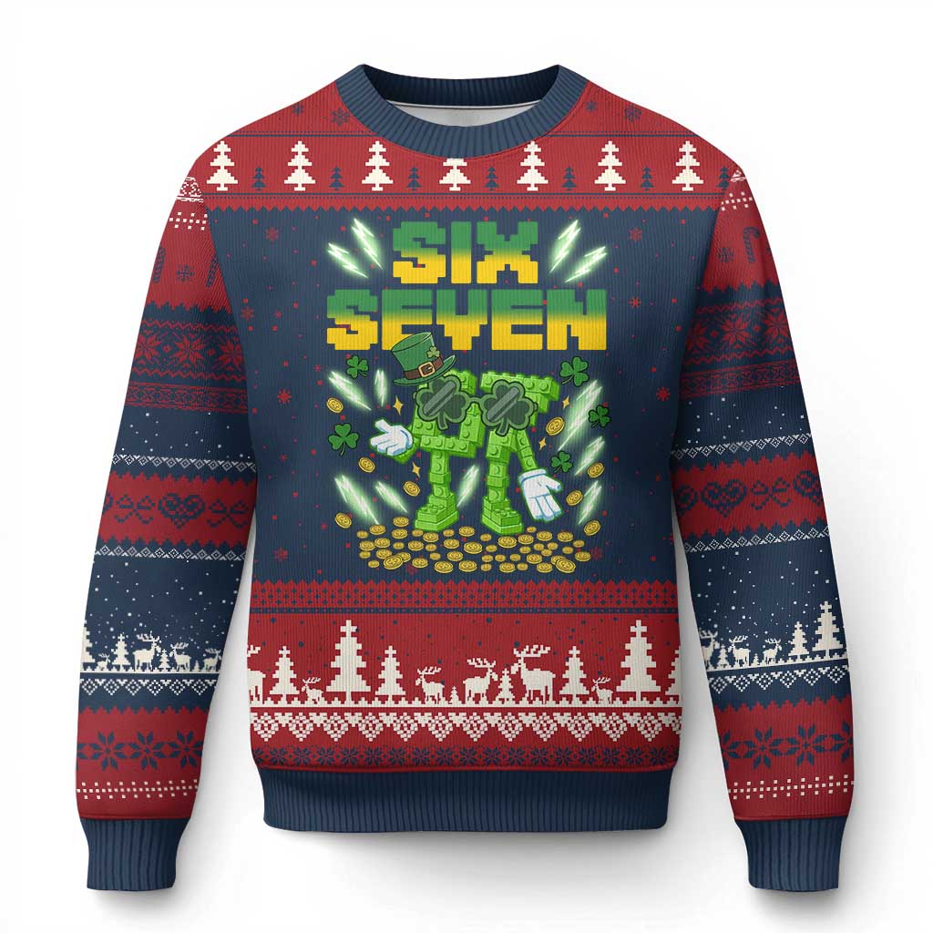67 Italian Brainrot St Patricks Day Ugly Christmas Sweater Funny Six Seven Leprechaun Playing Baseball Meme TS14 Navy Red Print Your Wear