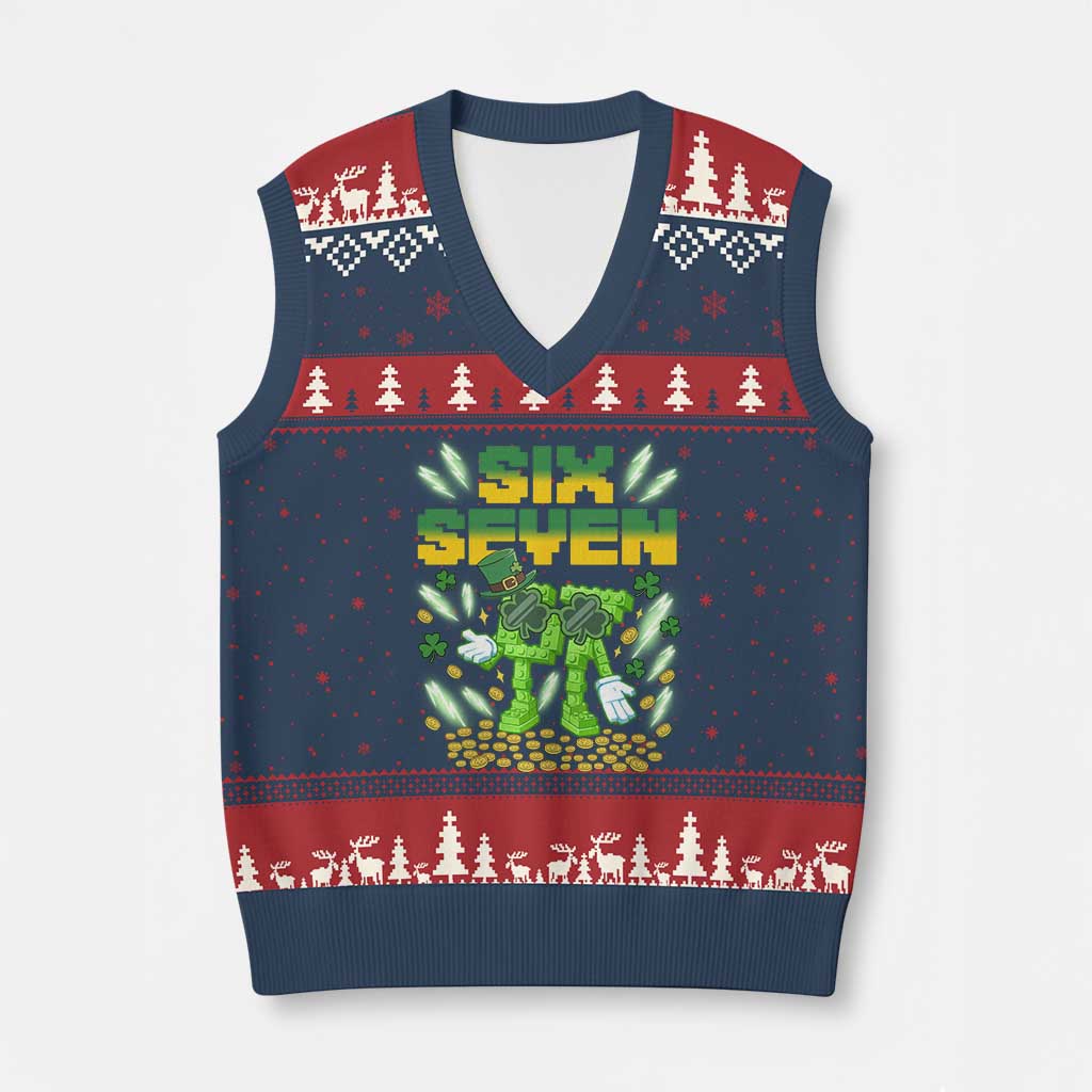 67 Italian Brainrot St Patricks Day V-Neck Knit Sweater Vest Funny Six Seven Leprechaun Playing Baseball Meme TS14 Navy Red Print Your Wear
