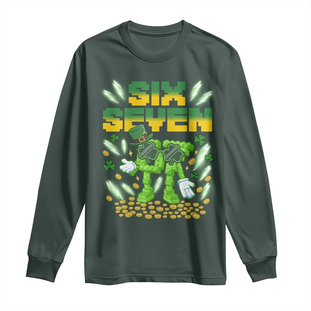 67 Italian Brainrot St Patricks Day Long Sleeve Shirt Funny Six Seven Leprechaun Playing Baseball Meme TS14 Dark Forest Green Print Your Wear