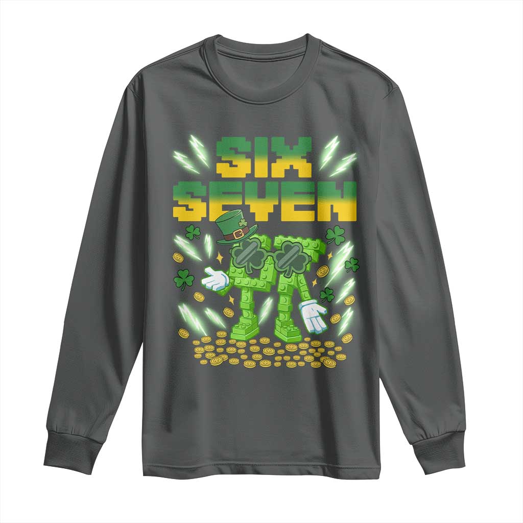 67 Italian Brainrot St Patricks Day Long Sleeve Shirt Funny Six Seven Leprechaun Playing Baseball Meme TS14 Dark Heather Print Your Wear