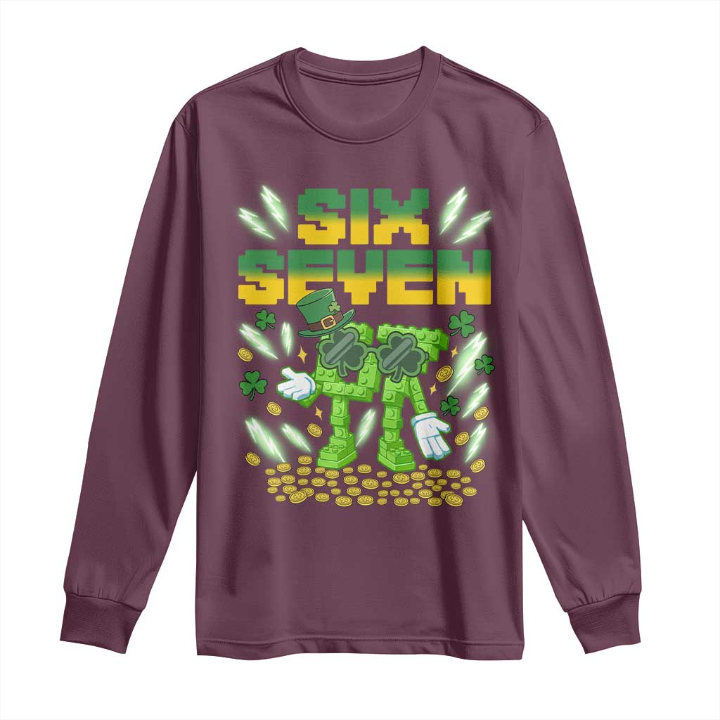 67 Italian Brainrot St Patricks Day Long Sleeve Shirt Funny Six Seven Leprechaun Playing Baseball Meme TS14 Maroon Print Your Wear