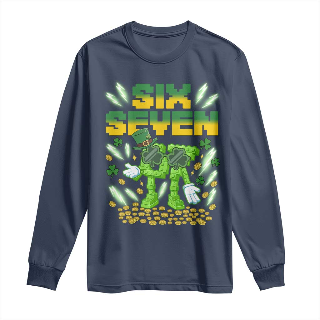 67 Italian Brainrot St Patricks Day Long Sleeve Shirt Funny Six Seven Leprechaun Playing Baseball Meme TS14 Navy Print Your Wear