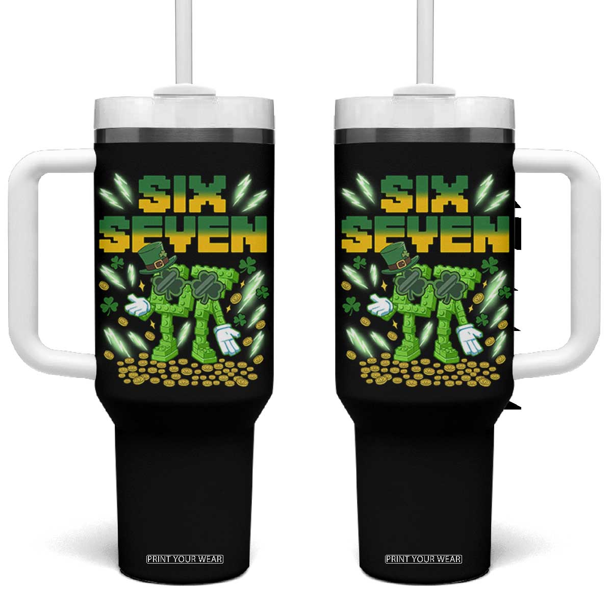 67 Italian Brainrot St Patricks Day Tumbler With Handle Funny Six Seven Leprechaun Playing Baseball Meme TS14 One Size: 40 oz Black Print Your Wear