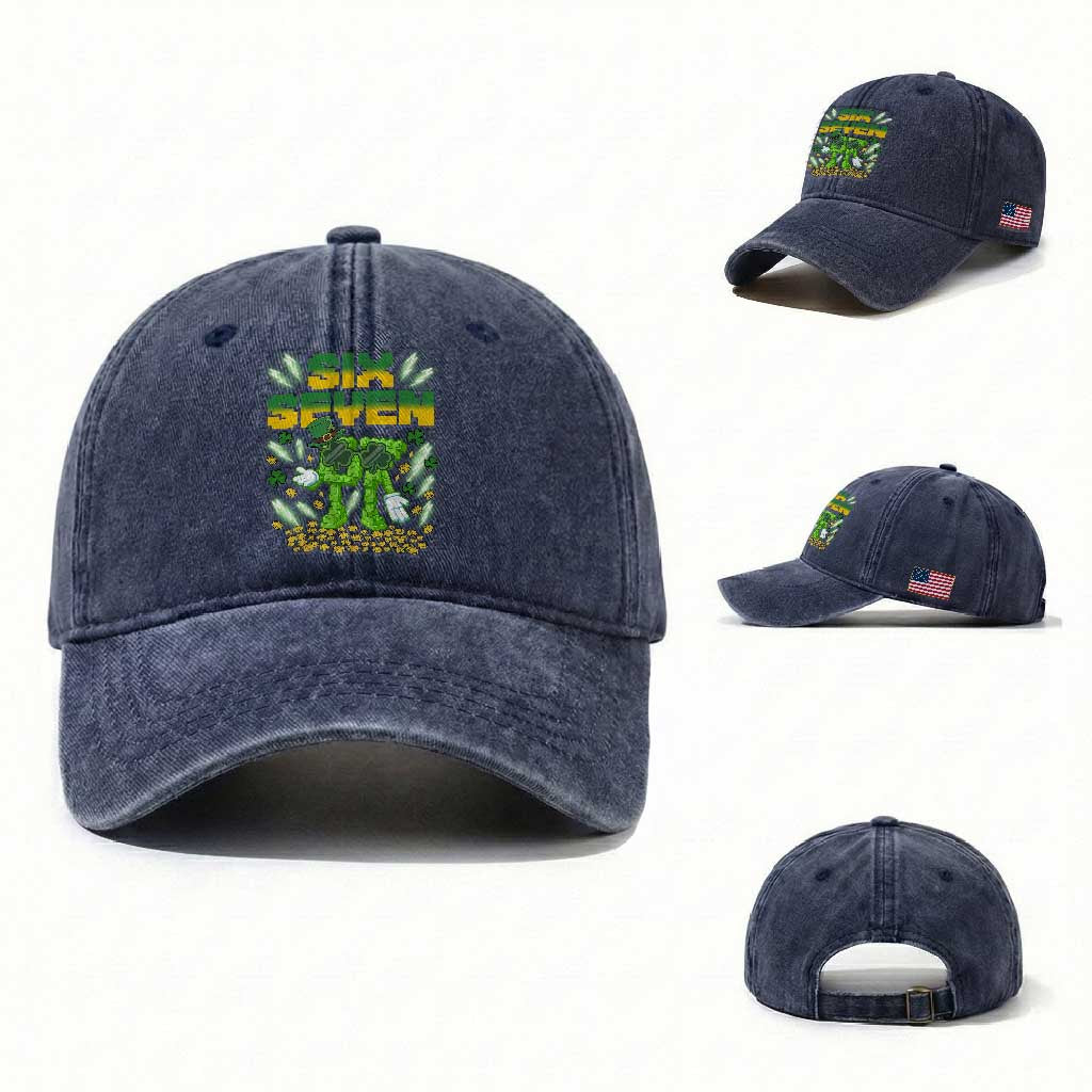 67 Italian Brainrot St Patricks Day Washed Cotton Baseball Cap Funny Six Seven Leprechaun Playing Baseball Meme TS14 Washed Cap Universal Fit Navy Print Your Wear