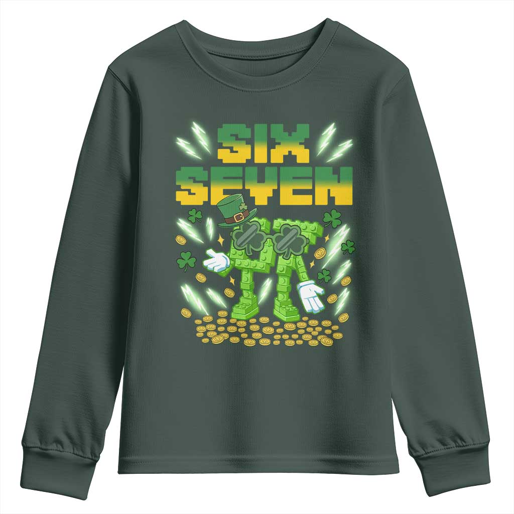 67 Italian Brainrot St Patricks Day Youth Sweatshirt Funny Six Seven Leprechaun Playing Baseball Meme TS14 Dark Forest Green Print Your Wear