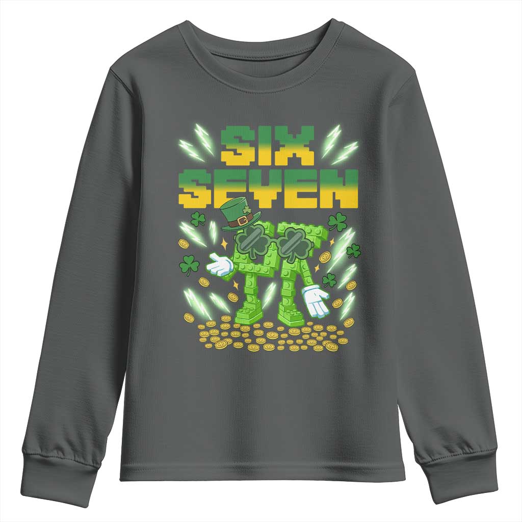 67 Italian Brainrot St Patricks Day Youth Sweatshirt Funny Six Seven Leprechaun Playing Baseball Meme TS14 Dark Heather Print Your Wear