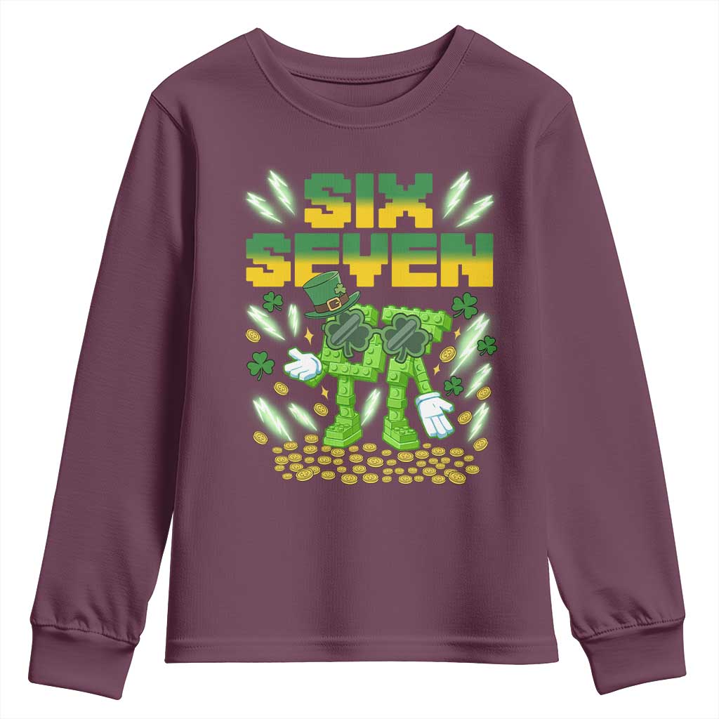 67 Italian Brainrot St Patricks Day Youth Sweatshirt Funny Six Seven Leprechaun Playing Baseball Meme TS14 Maroon Print Your Wear