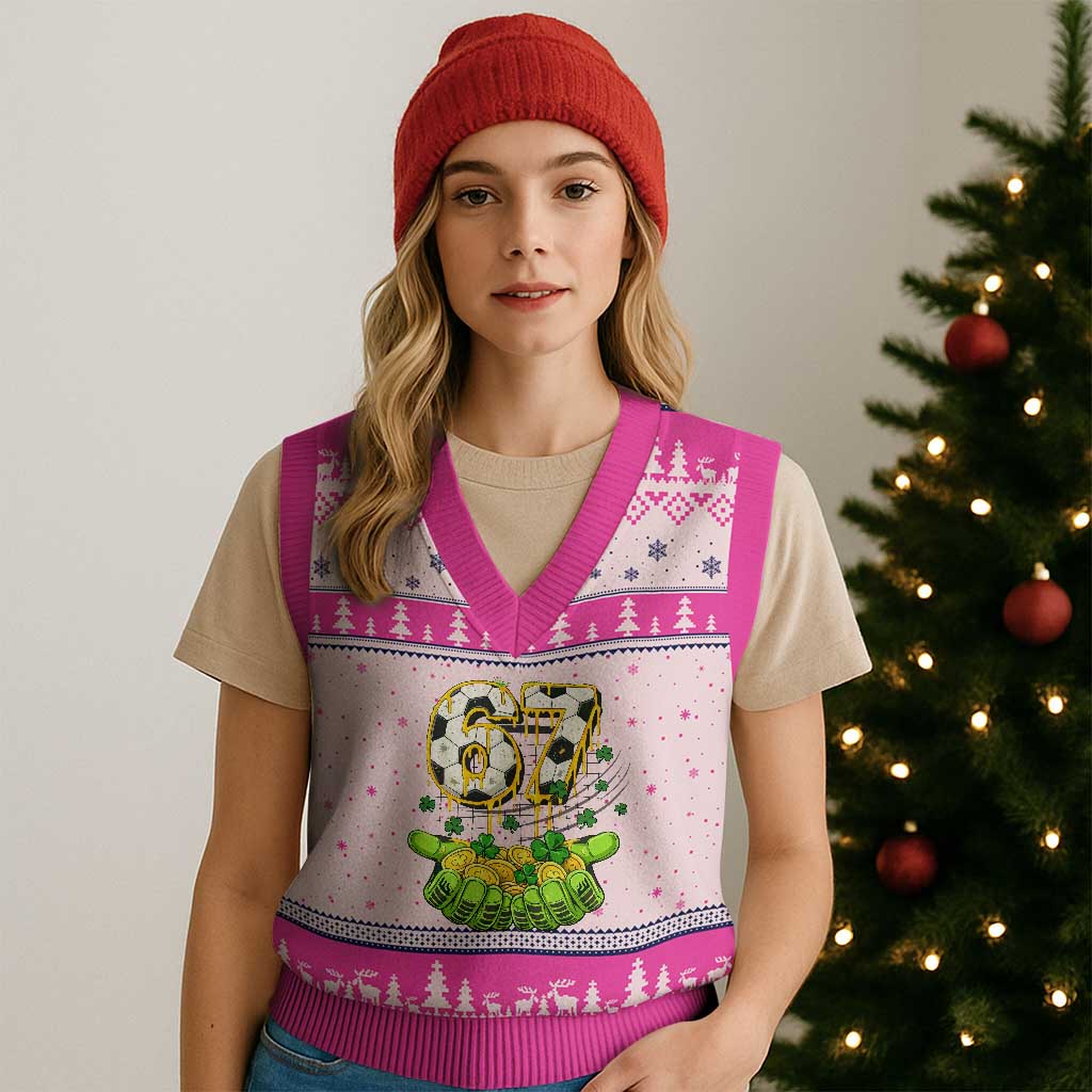 67 Soccer St Patricks Day V-Neck Knit Sweater Vest Funny Six Seven Gen Alpha Meme Drip TS14 Hot Pink Print Your Wear