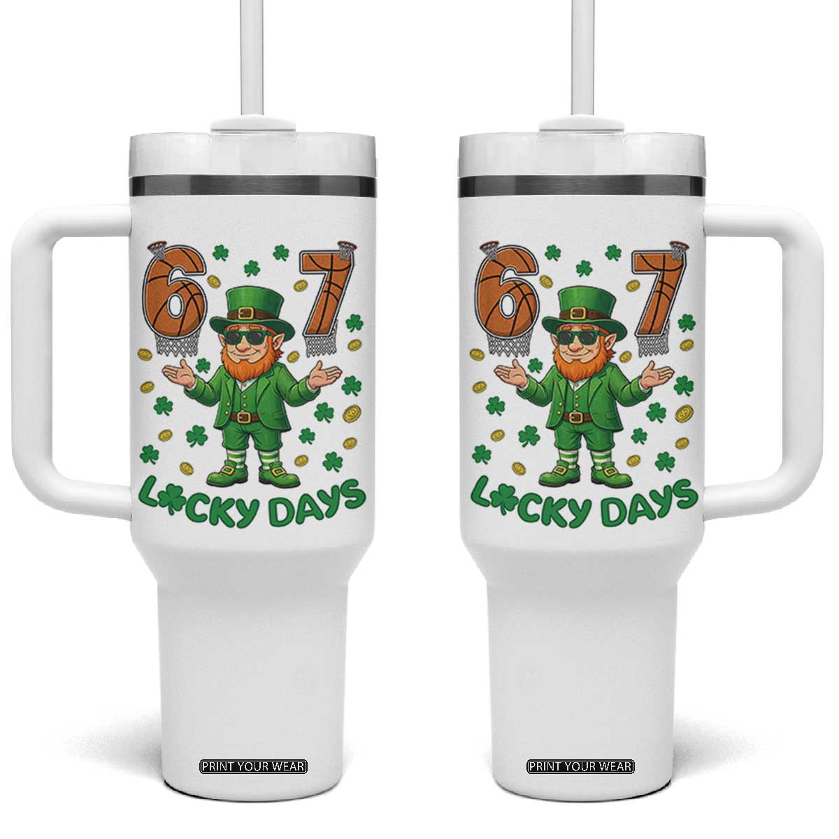 67 Basketball St Patricks Day Tumbler With Handle Funny Six Seven Leprechaun Meme TS14 One Size: 40 oz White Print Your Wear