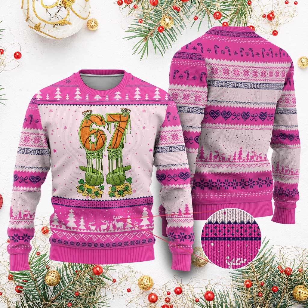 67 Basketball St Patricks Day Ugly Christmas Sweater Funny Six Seven Gen Alpha Meme Drip TS14 Hot Pink Print Your Wear