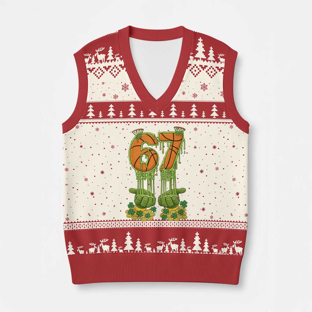 67 Basketball St Patricks Day V-Neck Knit Sweater Vest Funny Six Seven Gen Alpha Meme Drip TS14 Beige Red Print Your Wear