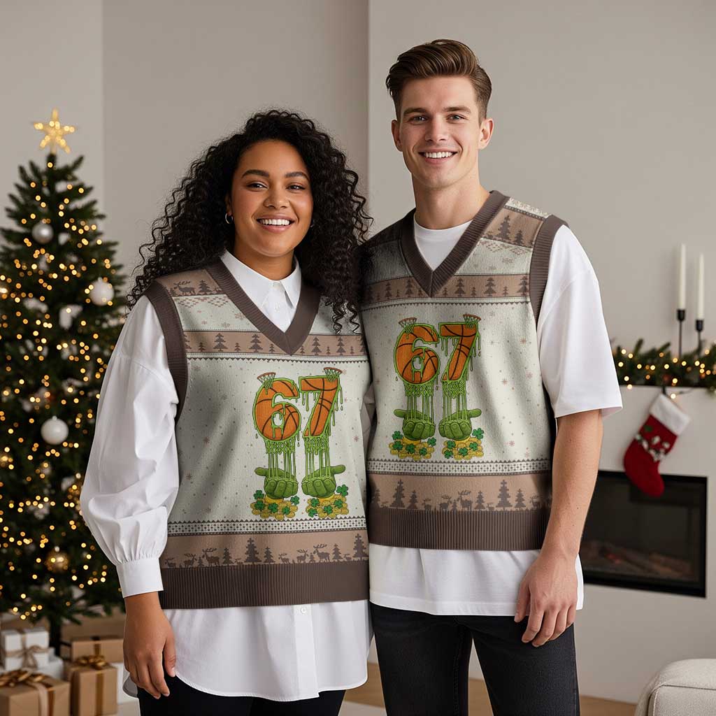 67 Basketball St Patricks Day V-Neck Knit Sweater Vest Funny Six Seven Gen Alpha Meme Drip TS14 Mocha Mousse Print Your Wear
