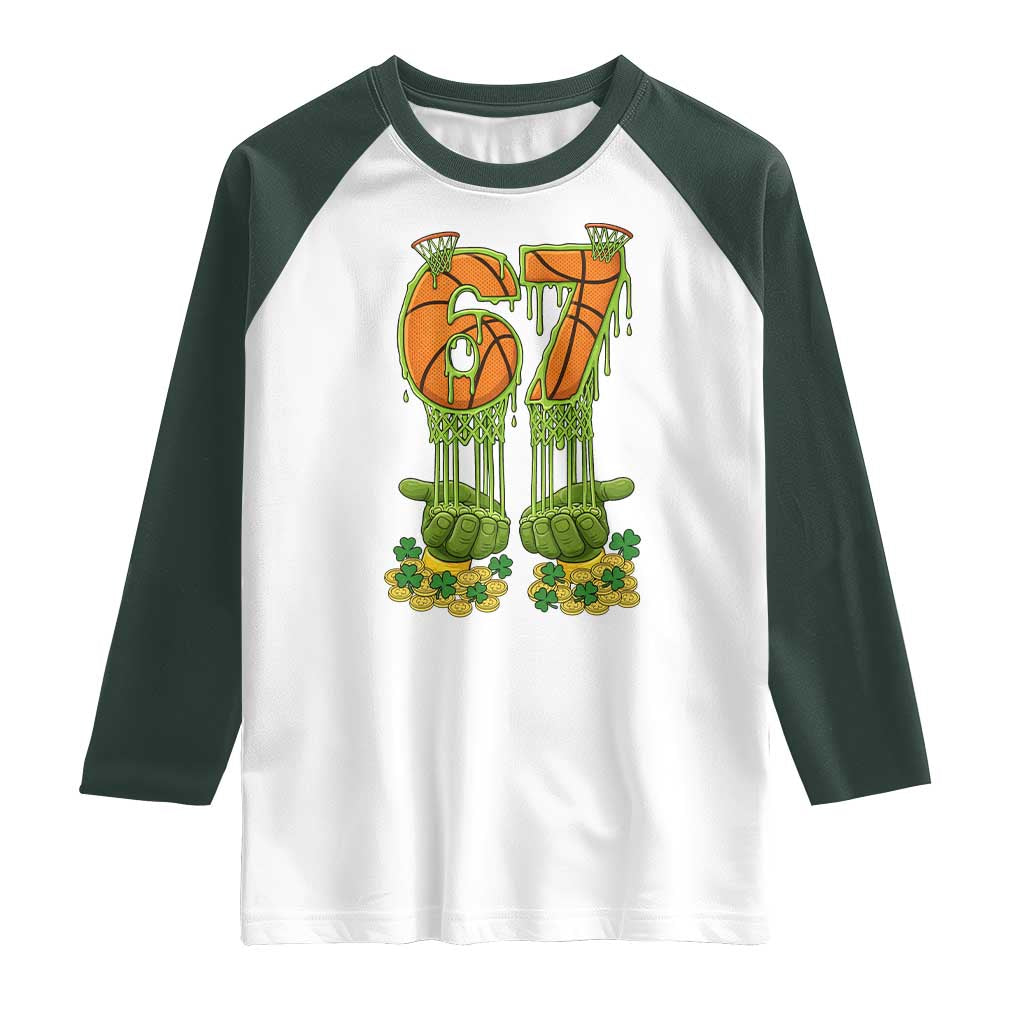 67 Basketball St Patricks Day Raglan Shirt Funny Six Seven Gen Alpha Meme Drip TS14 White Dark Forest Green Print Your Wear