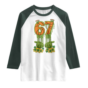 67 Basketball St Patricks Day Raglan Shirt Funny Six Seven Gen Alpha Meme Drip TS14 White Dark Forest Green Print Your Wear