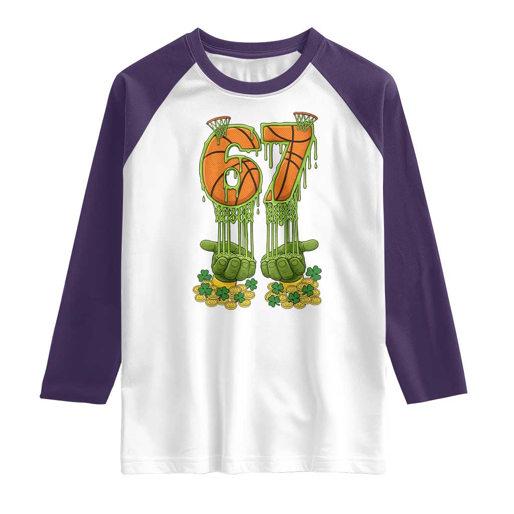 67 Basketball St Patricks Day Raglan Shirt Funny Six Seven Gen Alpha Meme Drip TS14 White Purple Print Your Wear