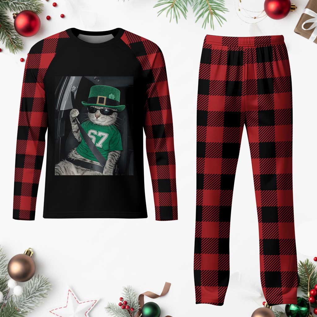 67 Cat St Patricks Day Plaid Pajama Set Funny Cat Driver Leprechaun Meme TS14 Buffalo Plaid Print Your Wear