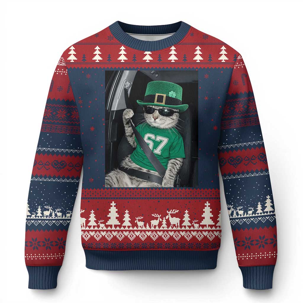 67 Cat St Patricks Day Ugly Christmas Sweater Funny Cat Driver Leprechaun Meme TS14 Navy Red Print Your Wear