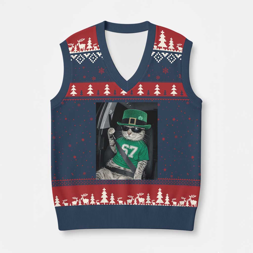 67 Cat St Patricks Day V-Neck Knit Sweater Vest Funny Cat Driver Leprechaun Meme TS14 Navy Red Print Your Wear