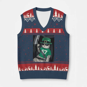 67 Cat St Patricks Day V-Neck Knit Sweater Vest Funny Cat Driver Leprechaun Meme TS14 Navy Red Print Your Wear